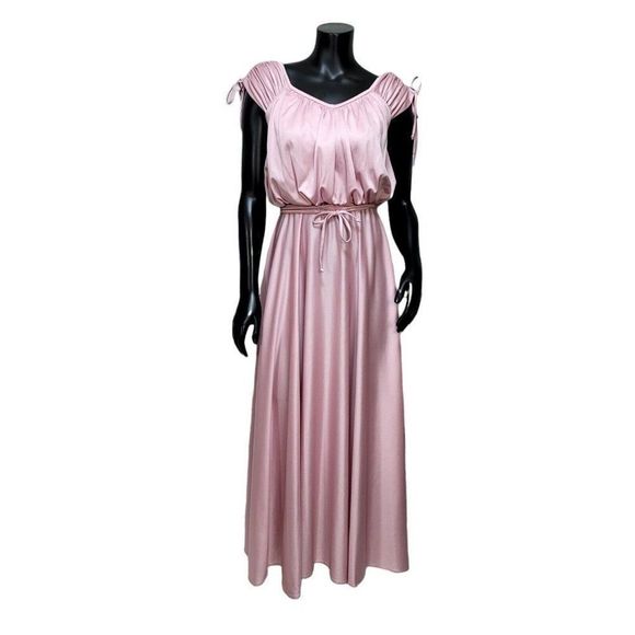 Vintage 70s Union Made Pink‎ Draped Back Cinched Shoulder Disco Dress Tie Belt - Picture 2 of 12